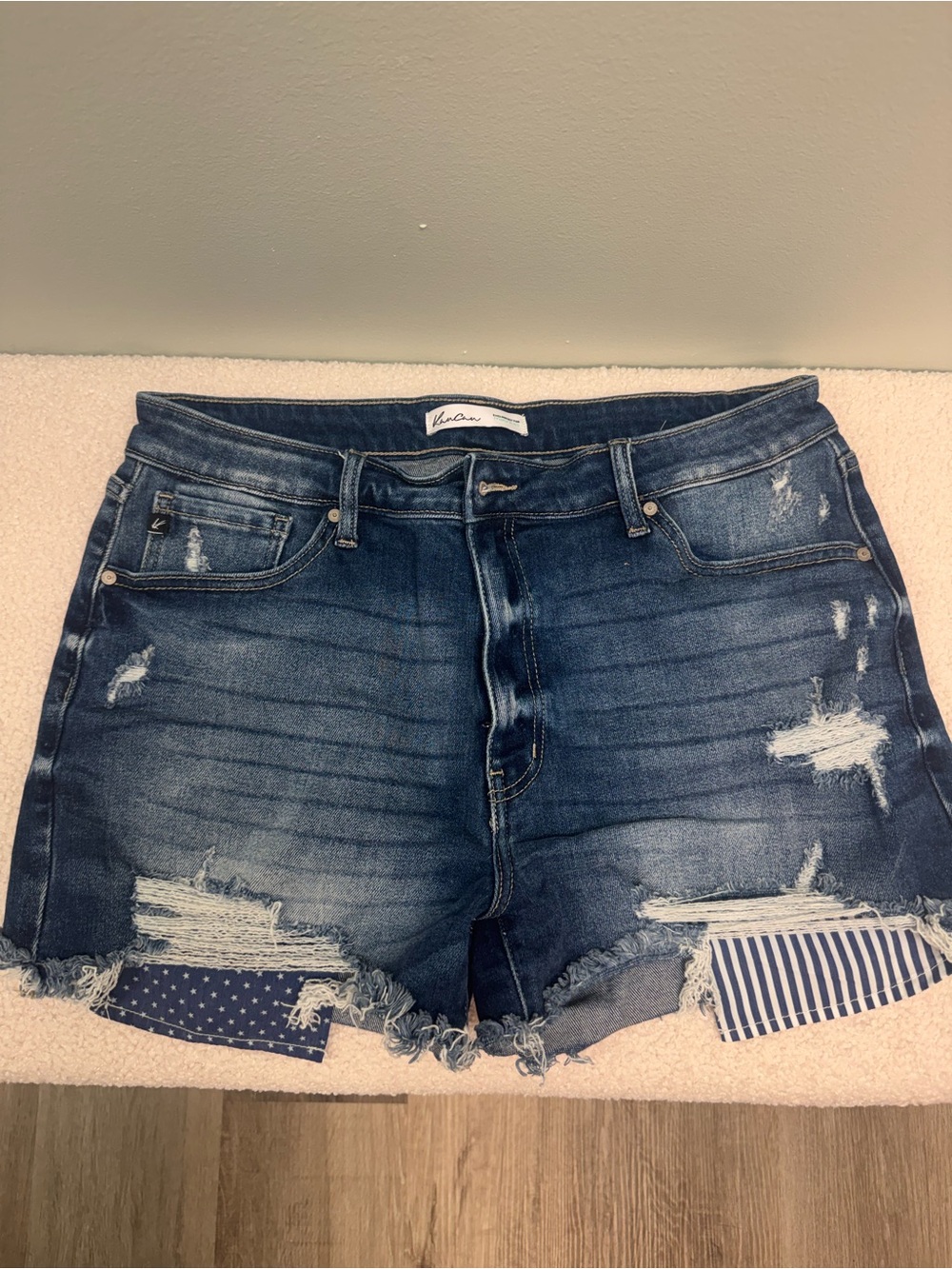 KanCan Distressed Dark Blue Denim Shorts with Patch Details